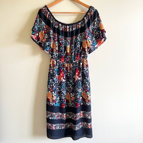 Loft Ann Taylor Embroidered Print Off Shoulder Midi Dress Womens Size S Petite - Picture 1 of 8